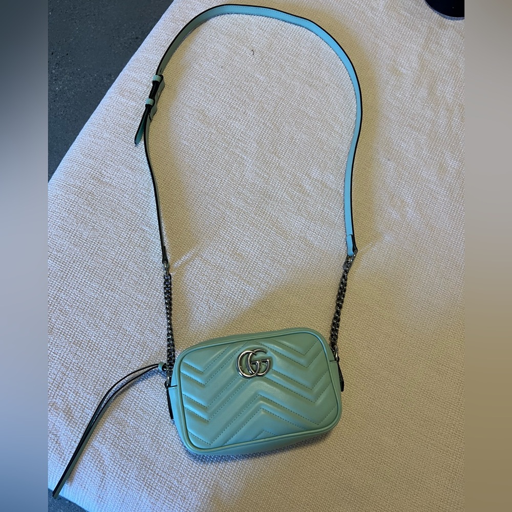 GUCCI Marmont small leather camera bag pastel sea foam green